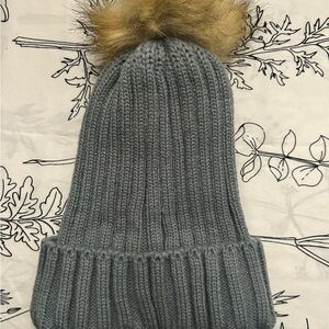 Cozy Gray Knit Hat with Faux Fur Trim